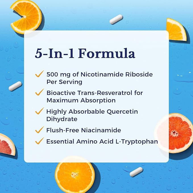 Vitalitown 5 in 1 NAD+, NMN Supplement Alternatives, Nicotinamide Riboside (NR), Trans-Resveratrol, Quercetin, Niacinamide, L-Tryptophan, for Cellular Energy, Heart, Skin, 60 Veggie Capsules