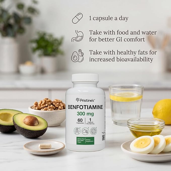 PRISTINE'S Benfotiamine 300mg High Bioavailability Nerve Support Supplement - 60 Day Supply - Fat Soluble Vitamin B1 Supplements - Vegan - Non-GMO
