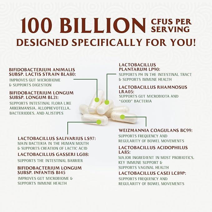 Probiotics 100 Billion CFU per Serving - 10 Strains & Prebiotics - Digestive Health, Gut & Immune Support - Supports Occasional Constipation, Gas & Bloating - Shelf Stable Bottled USA - 60 Capsules