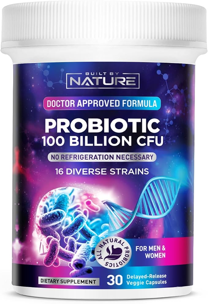 Built by Nature 100 Billion CFU Probiotic – 16 Strains + Prebiotics – Immune & Digestive Support – for Women & Men – Delayed Release Capsules, Shelf Stable – 1 Month Supply - 30 Capsules