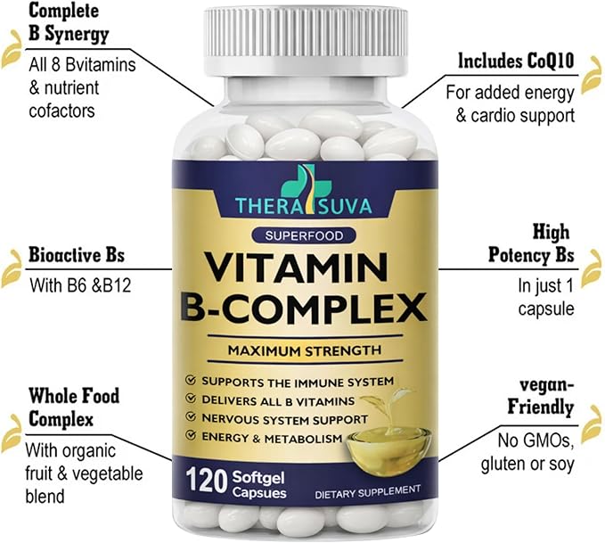 TheraSuva Vitamin B-Complex + CoQ10 + Vitamin C - Max Strength Supplement for Energy, Metabolism Support, 2 Month Supply, 120 Softgels