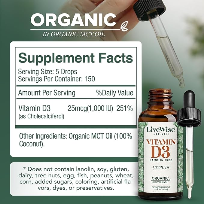 Vitamin D3 1000 IU, 25 MCG Drops - 150 Servings, Ultra Concentrated Formulation, Fast Absorption, Vegan, Organic MCT Oil Formula - Micro-Dosing Dropper for Bone & Immune Support
