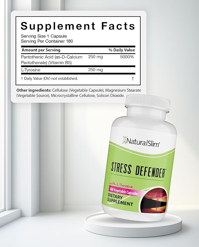 NaturalSlim Stress Relief Supplement - Stress Defender, High Cortisol Reducer, Control Cravings, Sleep & Metabolism Support with Vitamin B5 Pantothenic Acid & L Tyrosine 180 Vegetable Capsules 2 Pack