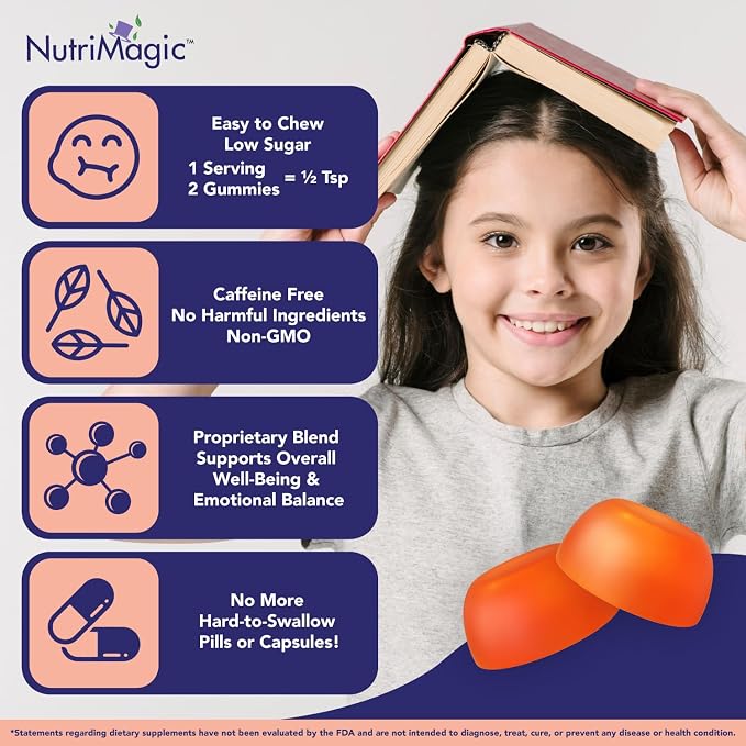 NutriMagic Kids Brain Booster+ Affron® Saffron Extract, 2IN1 Cognitive Support & Multivitamin D3, B6, B12, Zinc Gummies Supplement, Supports Focus, Attention, Memory, Mood Balance - 60 Peach Gummies
