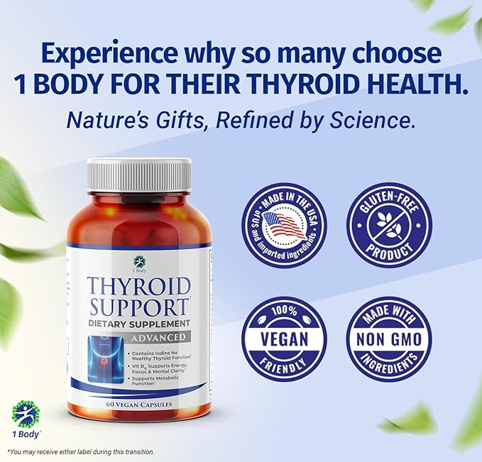 1 Body Thyroid Support Supplement, 90-Day Supply, 2 Pack with B12, Iodine, Zinc, Selenium, Ashwagandha, Non-GMO Vegetarian Formula (60 Count (Pack of 2))