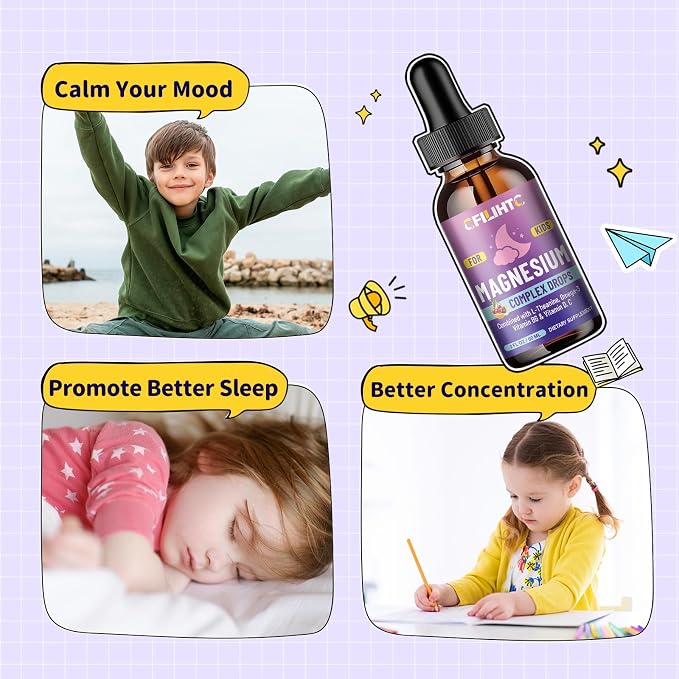 Kids Magnesium Liquid Drops-Magnesium Glycinate Liquid for Kids Supplement-w/L-theanine, Omega-3, Vitamin B6, D3 - for Sleep, Relaxation, Brain, Bones - Cherry Flavor, 4 Fl Oz