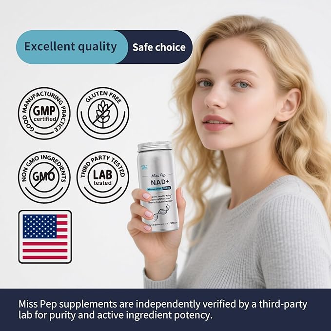 NAD+ Supplement, with Nicotinamide Riboside and Resveratrol, Supports Cell Health, Slows Aging, Helps Focus, and Promotes NAD+ Production - 60 Capsules