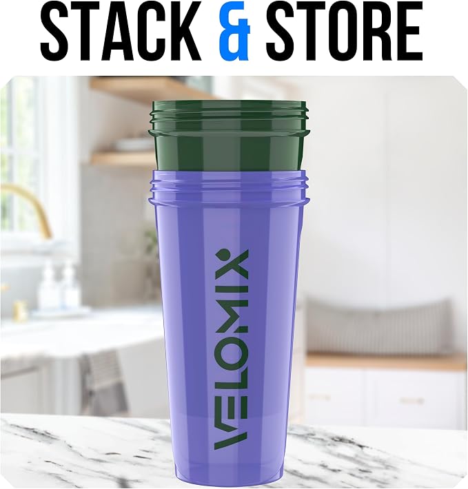 VELOMIX -2 Pack- 28 oz Protein Shaker Bottles for Protein Mixes - 2x Wire Whisk | Leak Proof Shaker Cups for Protein Shakes and Pre Workout | Protein Shaker Bottle Pack (C2) Green/Purple