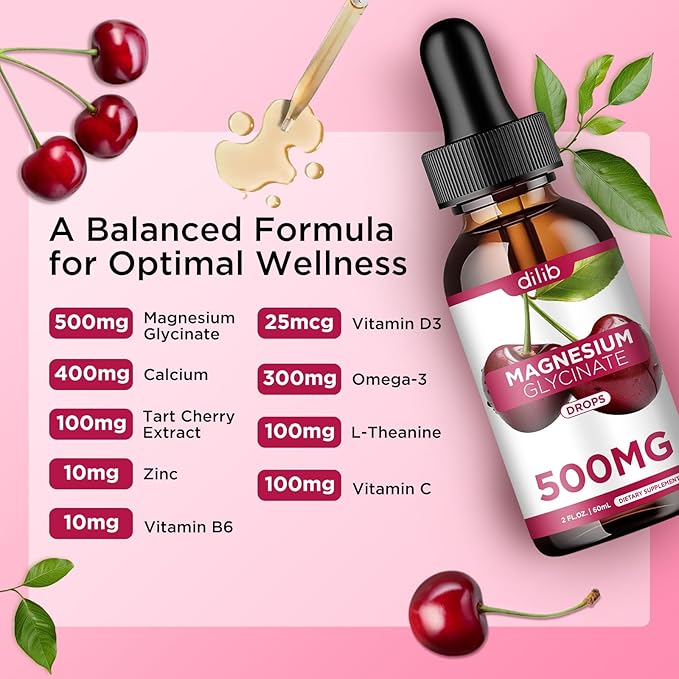 Magnesium Glycinate Supplement, Magnesium Glycinate Liquid Drops 500mg with Calcium, Zinc, Vitamin B6, D3, L-Theanine, Omega 3 for Sleep, Mood, Stress Relief, Bone, Muscle, Cherry Flavor