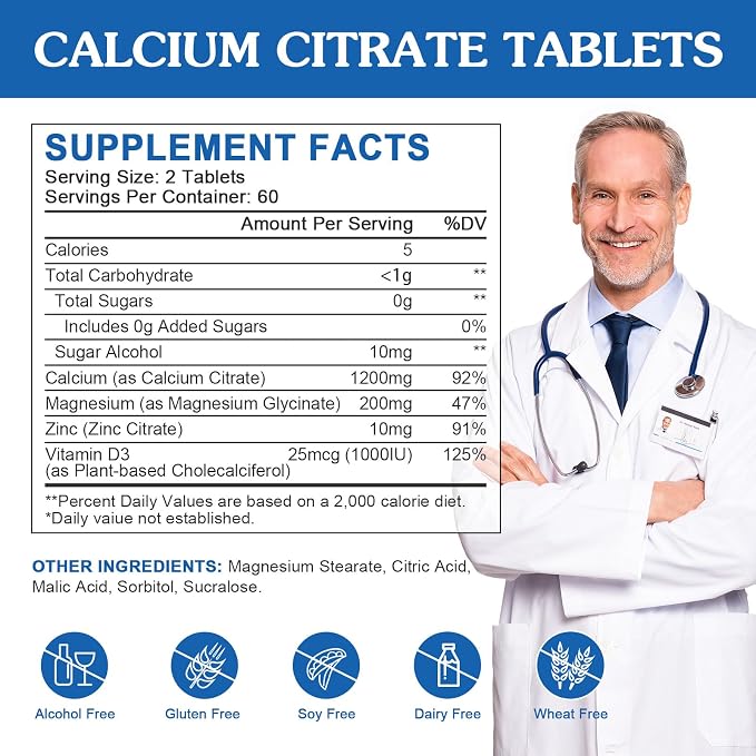 Calcium Citrate 1200mg Supplement with Vitamin D3 for Women and Men - Calcium Magnesium Zinc D3 Supplement for Bone, Teeth, Immune Support, Vegan-Friendly - 120 Tablets