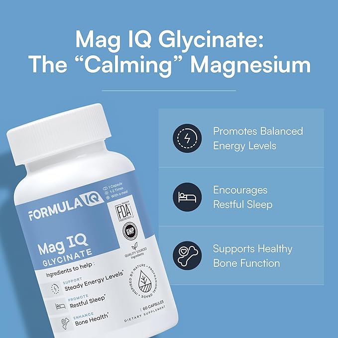 Formula IQ - Mag IQ Glycinate - Magnesium Bisglycinate Chelate TRAACS - High Absorption Magnesium Glycinate Supplement - Sleep, Daily Energy, & Bone Wellness - 60 Capsules