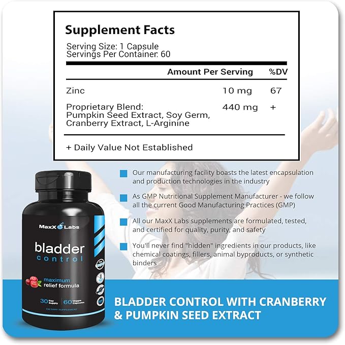 Bladder Control Supplement - Overactive Bladder Control Pills - Potent Blend of Pumpkin Seed Oil, Cranberry Extract & Vitamin D3 - Urinary Tract Infection Treatment for Women & Men - 60Ct