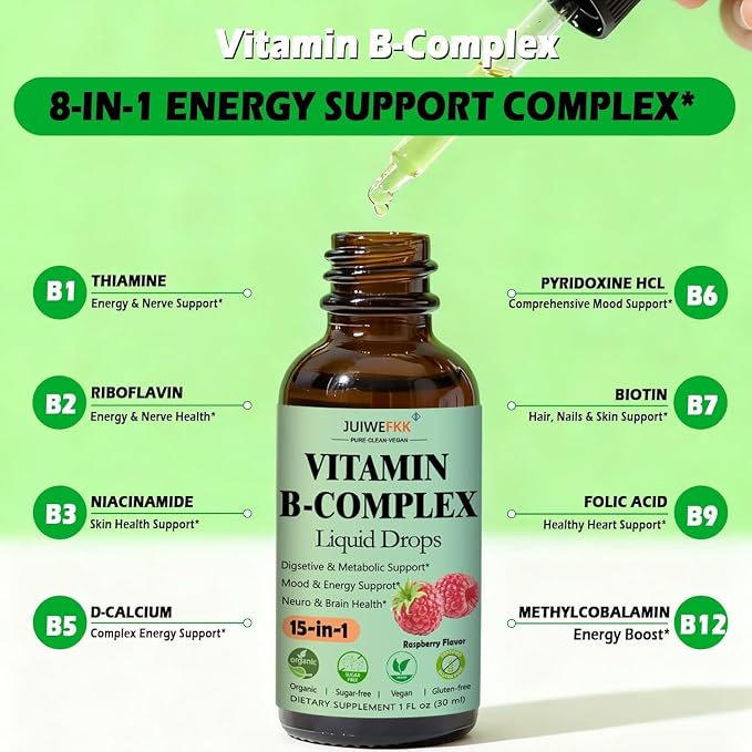2 Pack Vitamin B Complex Liquid Drops for Women Men & Kids, 15-in-1 VIT B Complex with Vitamin C B12 B6 B1 Niacin Folate Magnesium for Brain Nerve Neuropathy Energy Mood, Sublingual B-Complex Drops