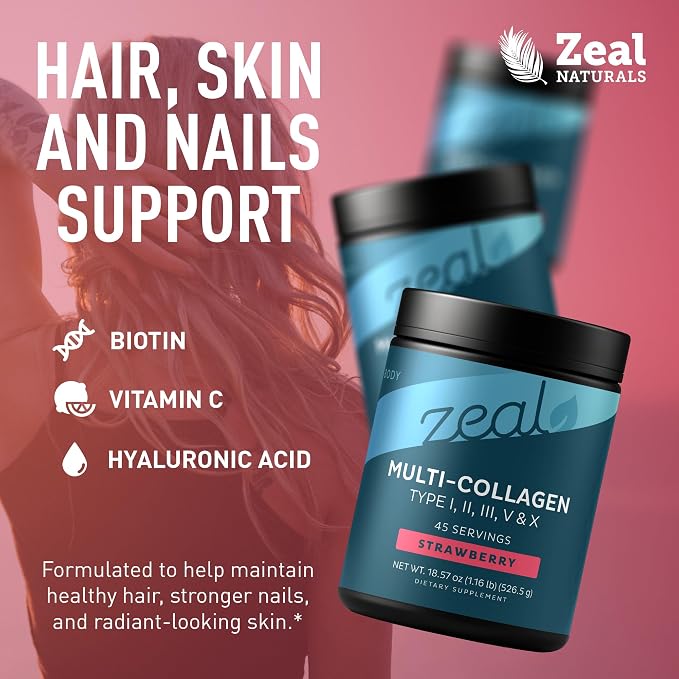 Zeal Naturals Multi Collagen Protein Peptides Powder Types I II III V X - Vitamin C, Biotin & Hyaluronic Acid - Hair, Skin & Nails - Marine, Bovine, Chicken & Eggshell - Strawberry, 45 Servings