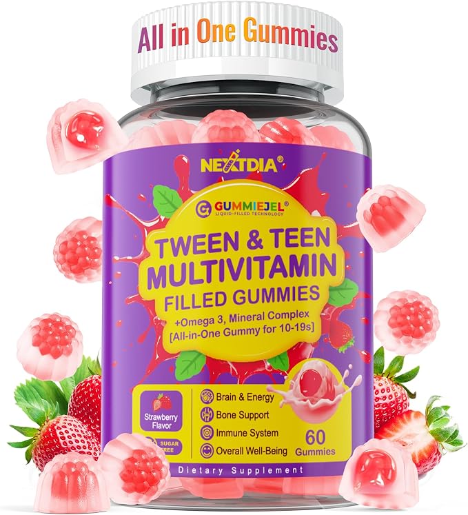 Nextdia Multivitamin Filled Gummies for Teen Boys Girls 12-17, 18, 19, Kids 10+ Multivitamin with Omega 3, Calcium + Magnesium + Zinc, Multi-Minerals for Adolescent 10-19S Brain, Bone, Energy, Immune