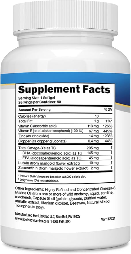 Lipotriad Eye Vitamin and Mineral Supplement - 90 Softgels, 3-Month Supply - Supplement with Lutein, Zeaxanthin and Omega 3 for Healthy Eyes