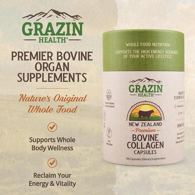 Bovine Collagen Capsules 3000mg Grass Fed, Whole Food Bovine Collagen Pills for Women and Men, Non Marine Collagen Supplements, 30 Day Bottle