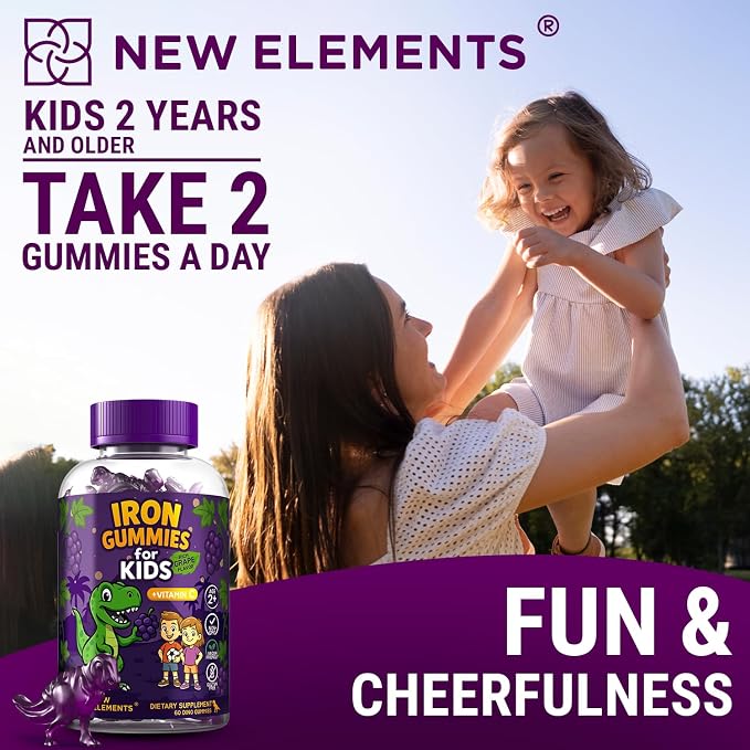 New Elements Iron Dinosaur Gummies for Kids with Vitamin C | Sugar-Free, Vegan, Gluten-Free & Non-GMO | Anemia Relief, Energy & Blood Health Support | Grape Flavor, Pectin-Based for Optimal Health