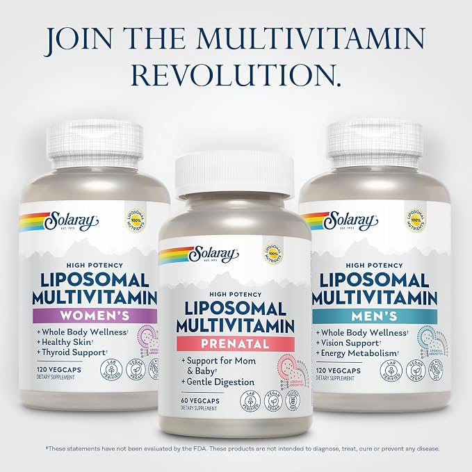 SOLARAY Liposomal Multivitamin Prenatal - Support for Mom & Baby with Prenatal Vitamins for Women, Folic Acid & Iron - High Potency, Gentle Digestion - 60-Day Guarantee - 30 Servings, 60 VegCaps