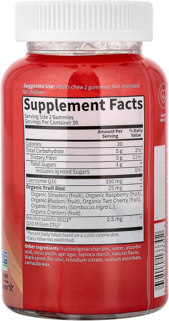 Garden of Life Vitamin Code CoQ10 Gummies 150 mg, Coenzyme Q10 for Heart Health, Energy Production & Healthy Aging + Prebiotics & Probiotics for Digestion, Non-GMO, Gluten-Free, 60 Strawberry Gummies