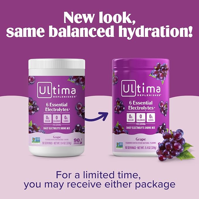 Ultima Replenisher Daily Electrolyte Powder Drink Mix, 90-Serving Canister | Zero Sugar Grape Hydration Powder with 6 Electrolytes & Minerals - Sugar Free, Plant-Based & Keto Friendly