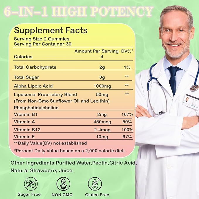Alpha Lipoic Acid Gummies 1000Mg with Vitamin B1,B12&A,E,ALA Supplement,Provide Energy&Enhance Immunity,Liposomal Enhance Absorption,Sugar Free,Strawberry Flavor,60 Gummies