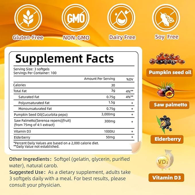 Pumpkin Seed Oil with Saw Palmetto, Vitamin D3 & Elderberry-300 Capsules, Pure Virgin Oil, Essential Fatty Acids & Phytosterols-Supports Prostate Function, Hair Health & Urinary Comfort