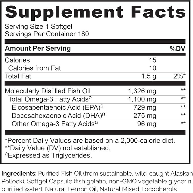 NATURELO Burpless Omega 3 Fish Oil Supplement - 1100mg Triglyceride Omega-3, EPA + DHA, for Heart, Eye, Brain, Joint Health - 180 Softgels, 6 Months Supply