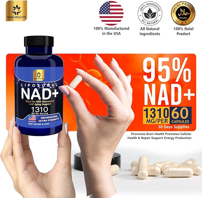 Liposomal NAD Nicotinamide Riboside Equivalent with Trans-Resveratrol 300mg, - Premium Halal NAD Supplement for Energy Metabolism, DNA Repair and Longevity, Vegan, Non-GMO (240 Count (Pack of 4))