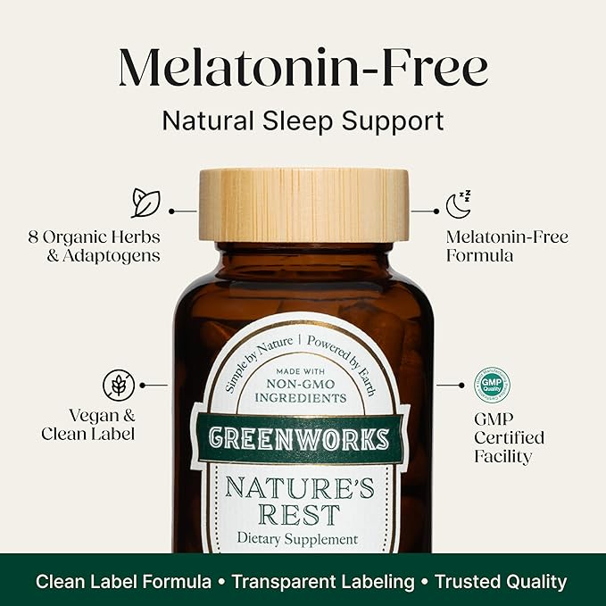 Greenworks Nature's Rest Melatonin-Free Sleep Aid, Organic Herbal Blend with Ashwagandha, Valerian, Chamomile & Passionflower, Non-Habit Forming Vegan Capsules for Restful Sleep, 60 Count