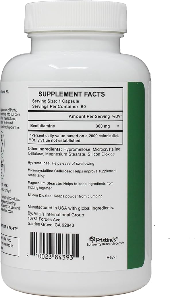 PRISTINE'S Benfotiamine 300mg High Bioavailability Nerve Support Supplement - 60 Day Supply - Fat Soluble Vitamin B1 Supplements - Vegan - Non-GMO