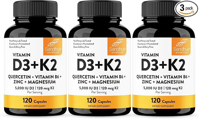 Sandhu's Vitamin D3 K2 Magnesium 5000 IU, 120mcg K2 Capsules 120 Count (Pack of 3) | with VIT B6, Zinc & Quercetin | D3K2 Supports Superior Absorption, Energy, Immune, Muscle Health for Men & Women
