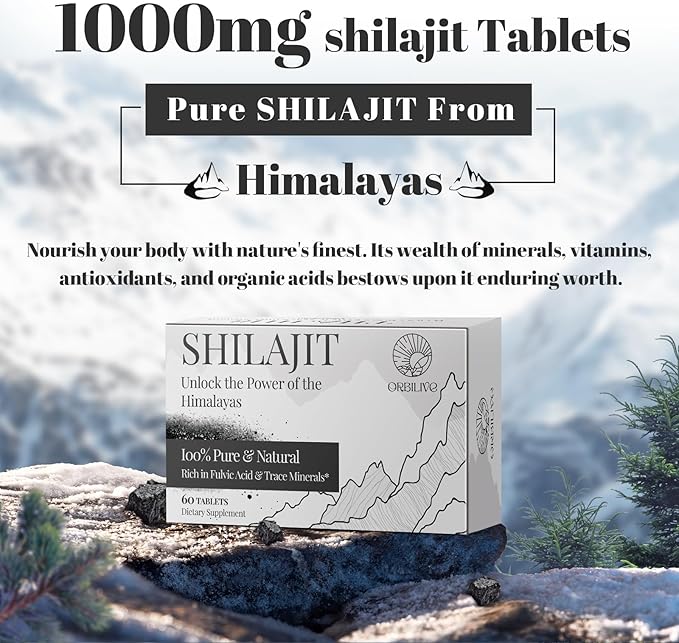 Shilajit Tablets 1000 MG, 100% Himalayan Organic, Shilajit Supplement Rich in Fulvic Acid & 85+ Trace Minerals for Men and Women, Energy & Immune System, 60 Count