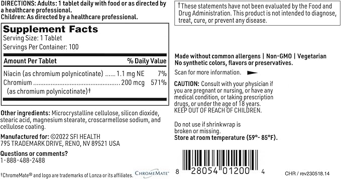 Klaire Labs SFI Health Chromemate - Chromemate Chromium Polynicotinate 200mcg Supplement - Bioavailable Form of Chromium with Niacin - Hypoallergenic (100 Tablets)