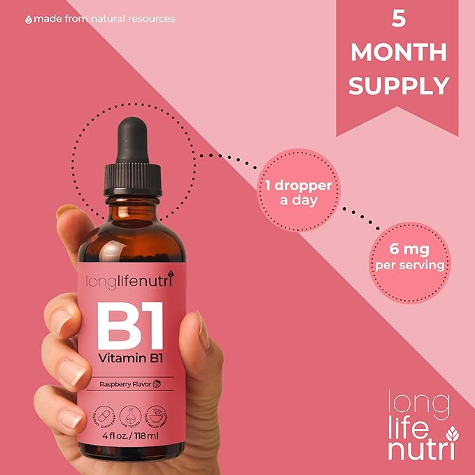 LongLifeNutri Vitamin B1 Liquid Drops - Thiamine Mononitrate Organic Supplement for Energy and Nerve Health, Fast Absorption, 4 FL OZ, 5-Month Supply, Lab Tested, Made in USA