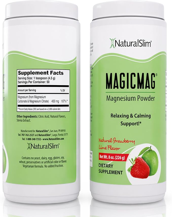 NaturalSlim MagicMag - Highly Absorbable Magnesium Citrate Powder for Relaxation, Energy, Better Sleep & Metabolic Support - Magnesium Supplement for Women & Men - Strawberry & Lime Flavored 8oz 3pk