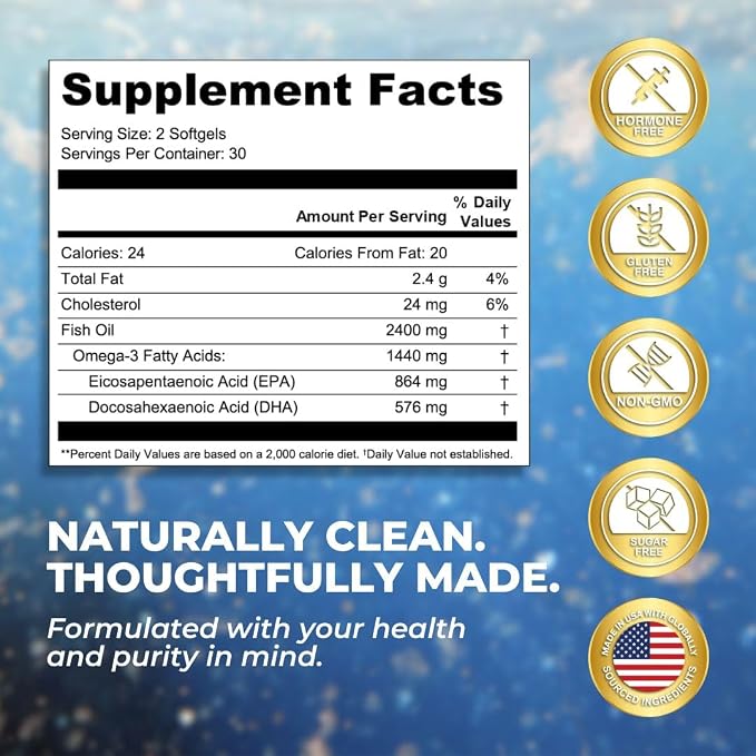 Vital Omega 3 Fish Oil Supplements 2400mg | 864mg EPA & 576mg DHA | 1440mg Total Omega-3 Fatty Acids | Promotes Brain & Heart Health | Non-GMO, Gluten-Free, Sugar-Free | Lemon | 60 Day Servings