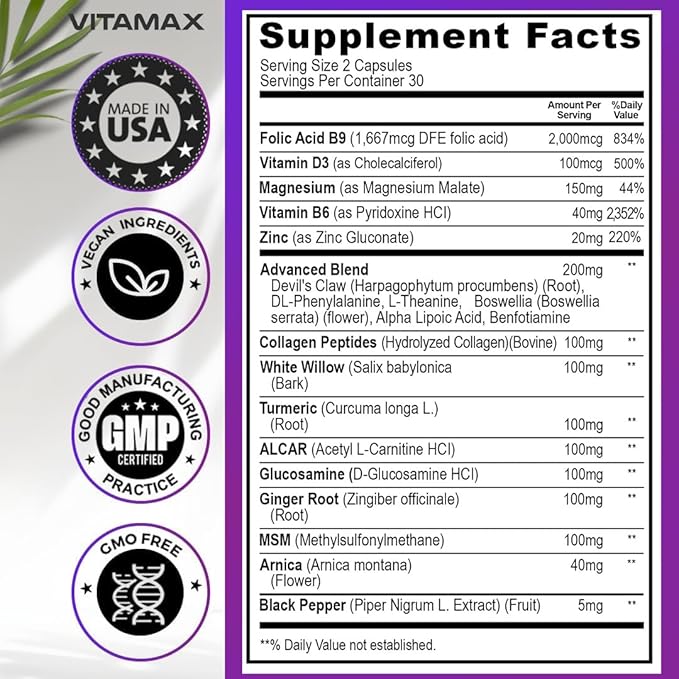 Sciatica Nerve Health Support - Sciatic Nerve Supplement Capsules with Folic Acid, Pea, Glucosamine, MSM, Vitamin B Complex, Alpha Lipoic Acid 300mg - Made in USA (60 Count (Pack of 2))
