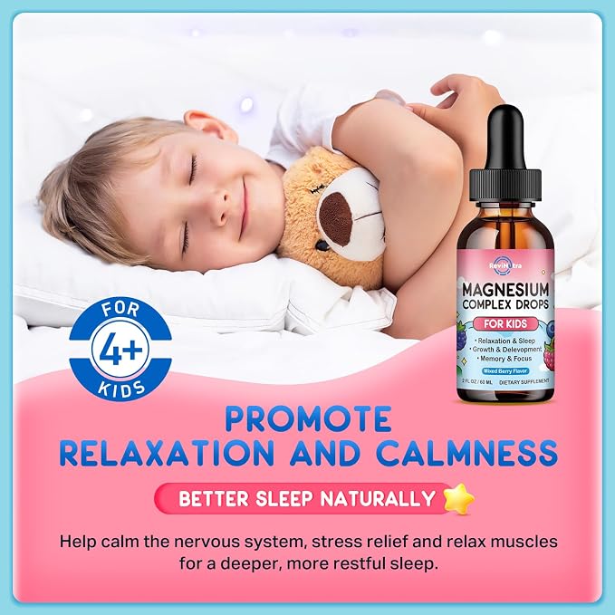 Magnesium Glycinate Liquid for Kids, Kids Magnesium Liquid Drops Supplement with L-Theanine, Calcium, Zinc, Vitamin D3 K2 for Sleep Calm Relaxation Brain Bones Focus, Mixed Berry Flavor 2 Fl Oz