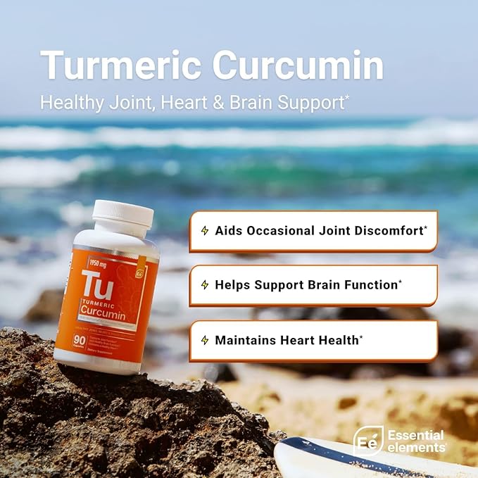 Essential Elements Turmeric Curcumin - Joint, Heart & Brain Support - with BioPerine for Optimal Absorption 1950 mg - 90 Count - 30 Servings