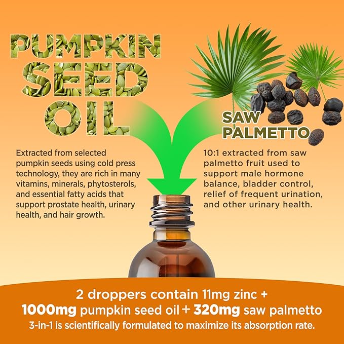 Pumpkin Seed Oil - DHT Blocker for Men Women Hair Growth, Organic Pumpkin Seed Extract with Saw Palmetto for Prostate & Urinary Health, Cold Pressed Supplements Liquid Drops, Lemon, Vegan, 4 Fl Oz