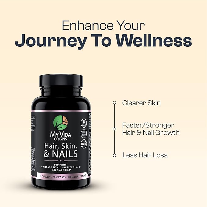 My Vida Origins Hair Skin and Nails | Thicker Hair, Stronger Nails, Vibrant Skin | Supports Natural Beauty | Zinc, Biotin, Vitamin E | Vegan 120 Capsules 1 Month Supply