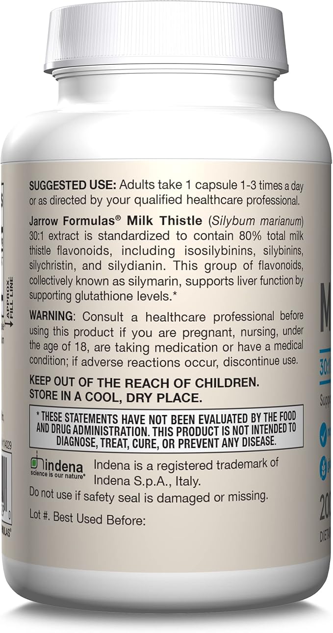 Jarrow Formulas Milk Thistle Supplement 150 mg. 30:1 Milk Thistle Extract Standardized to 80% Total Flavonoids, Dietary Supplement for Liver Function Support, 200 Veggie Capsules, Up to 200 Day Supply