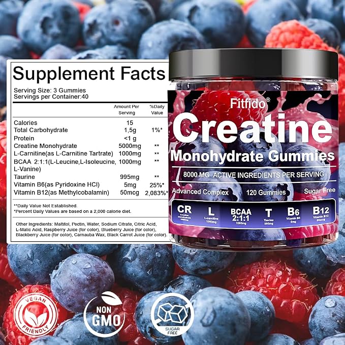 Creatine Monohydrate Gummies Complex 5000mg for Men and Women, Containing L-carnitine & Taurine, Build Muscle, Boost Energy, Faster Recovery, Sugar Free & Vegan, Raspberry & Blackberry, 120 Count