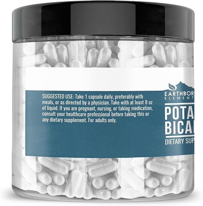 Earthborn Elements Potassium Bicarbonate 200 Capsules, Pure & Undiluted, No Additives