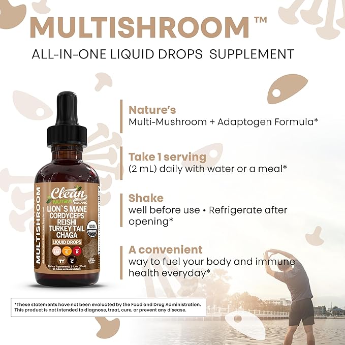 Mushroom Supplement Liquid Drops with Lions Mane Turkey Tail Cordyceps Reishi Chaga Shitake Maitake Tremella Oyster Mushrooms Poria Supplement and Enokitake Mushrooms Complex Blend By Clean Nutra