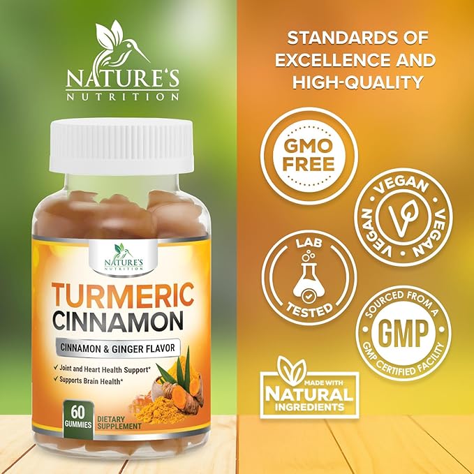 Turmeric Curcumin Supplement Gummies - 95% Curcuminoids with Turmeric Ginger, Black Pepper for Best Absorption, Nature's Vegan Joint Support, Non-GMO, Gluten Free, Tasty Cinnamon Flavor - 60 Gummies