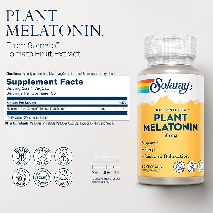 SOLARAY Plant Melatonin 3mg - Sleep Aid Supplement Made with Somato - Vegan, Non Synthetic, Nature-Derived Sleeping Pills Support - Gluten Free, Lab Verified - 30 Servings, 30 VegCaps
