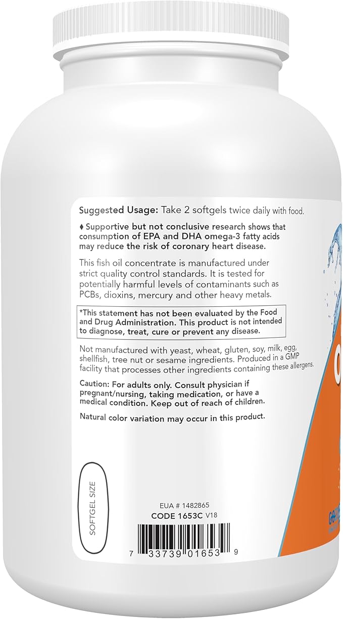 NOW Foods Supplements, Omega-3 180 EPA / 120 DHA, Molecularly Distilled, Cardiovascular Support*, 500 Softgels