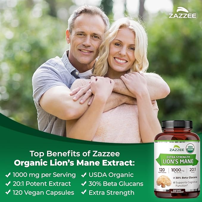 Zazzee USDA Organic Lion's Mane 20:1 Extract, 1000 mg Per Serving, 30% Beta Glucans, 120 Vegan Capsules, Nootropic for Brain Health, Focus, Memory & Immune Support, All-Natural, Non-GMO, Made in USA
